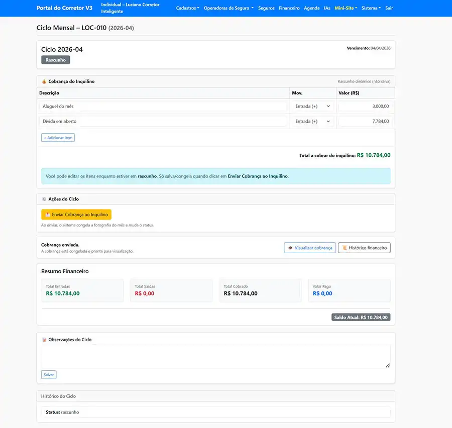 Tela de romaneio e cobrança detalhada no sistema