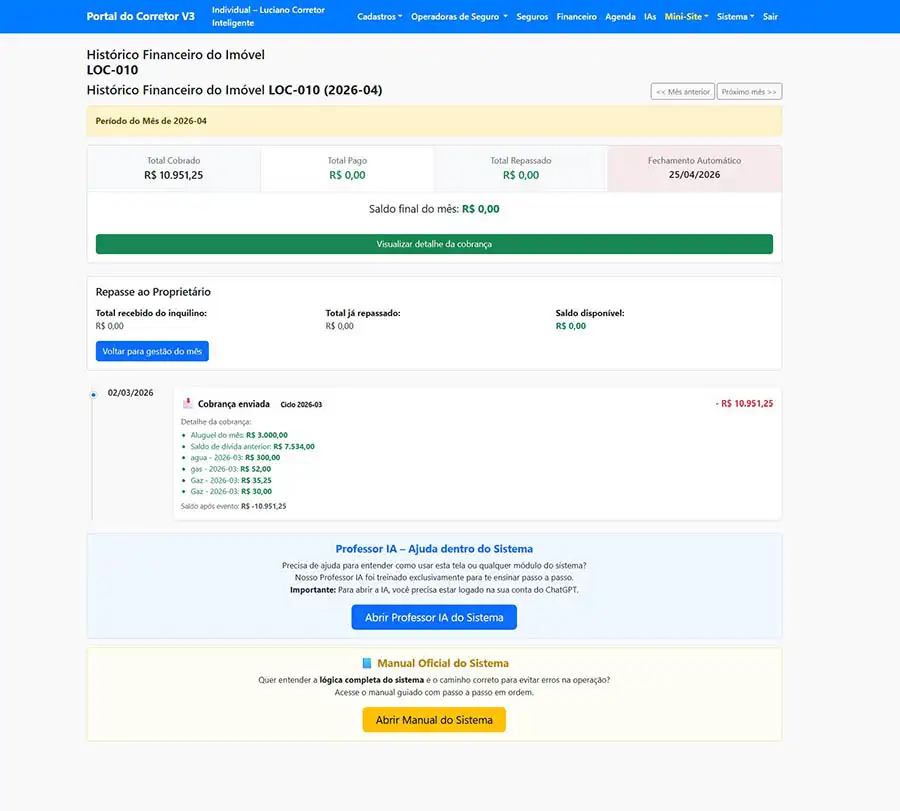 Tela de histórico financeiro do imóvel