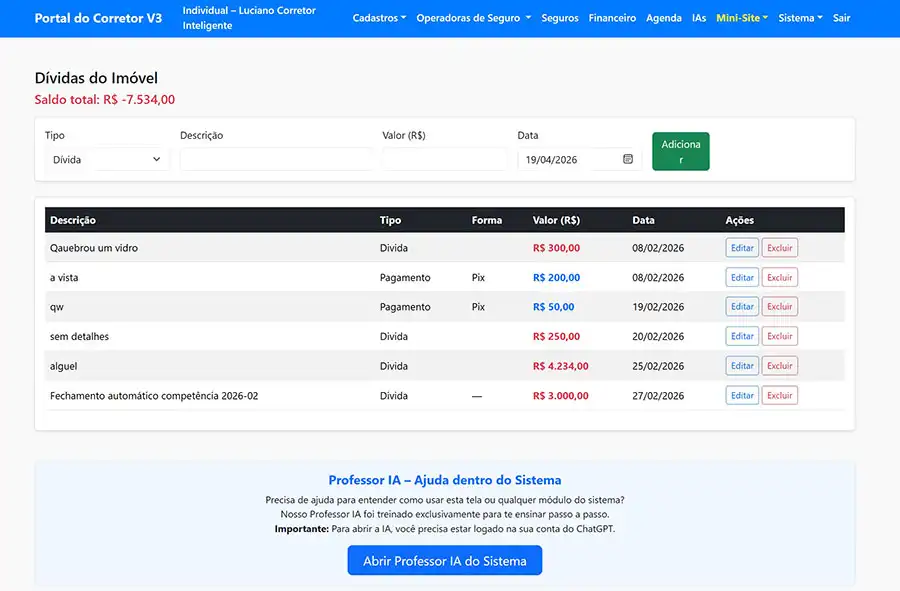 Gestão de dívidas no sistema