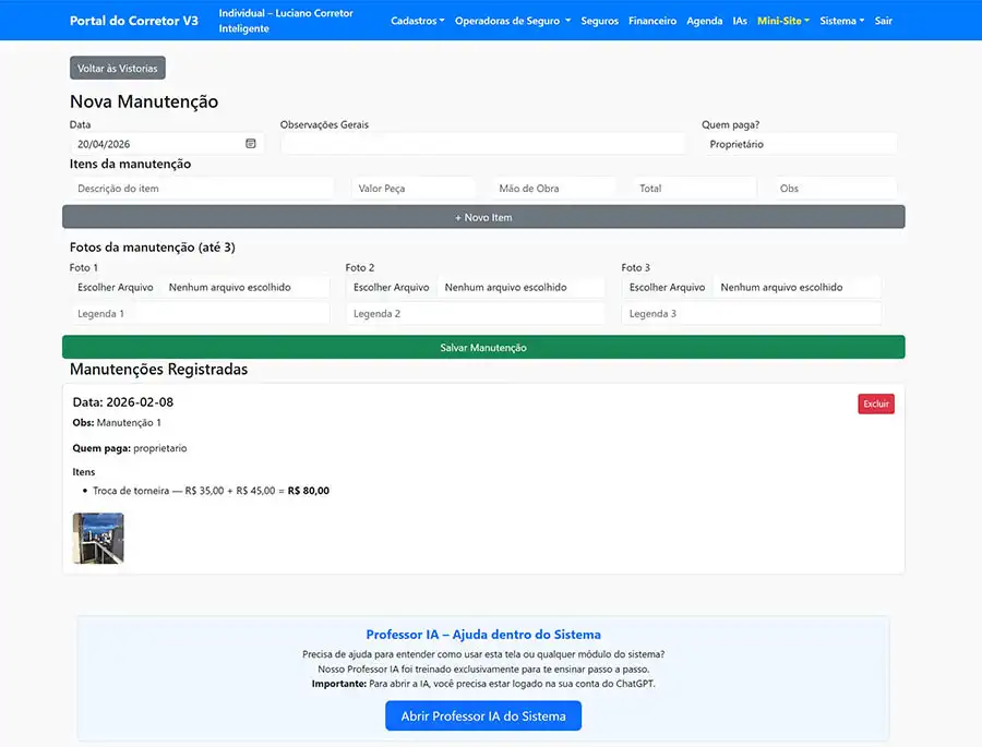 Tela de vistoria e manutenção no sistema