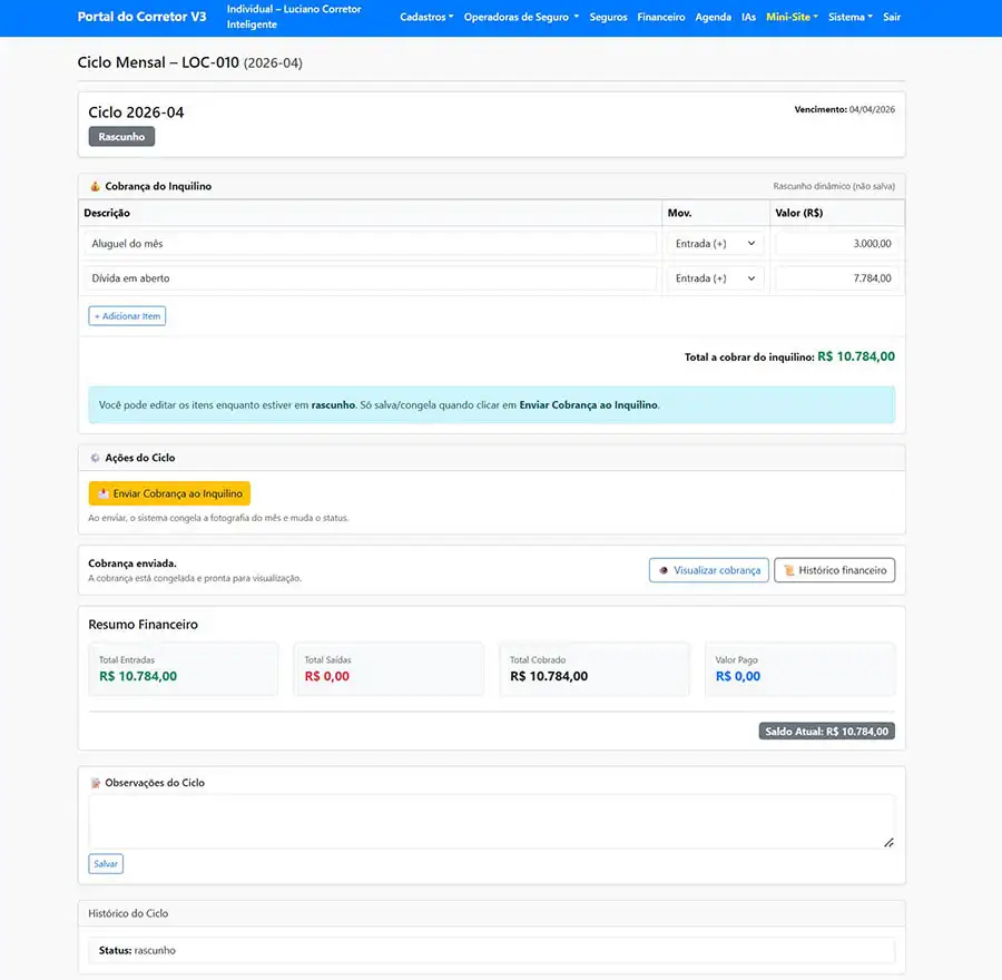 Tela de repasse ao proprietário no sistema
