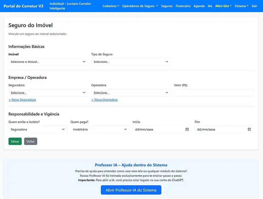 Tela de gestão de seguros do imóvel
