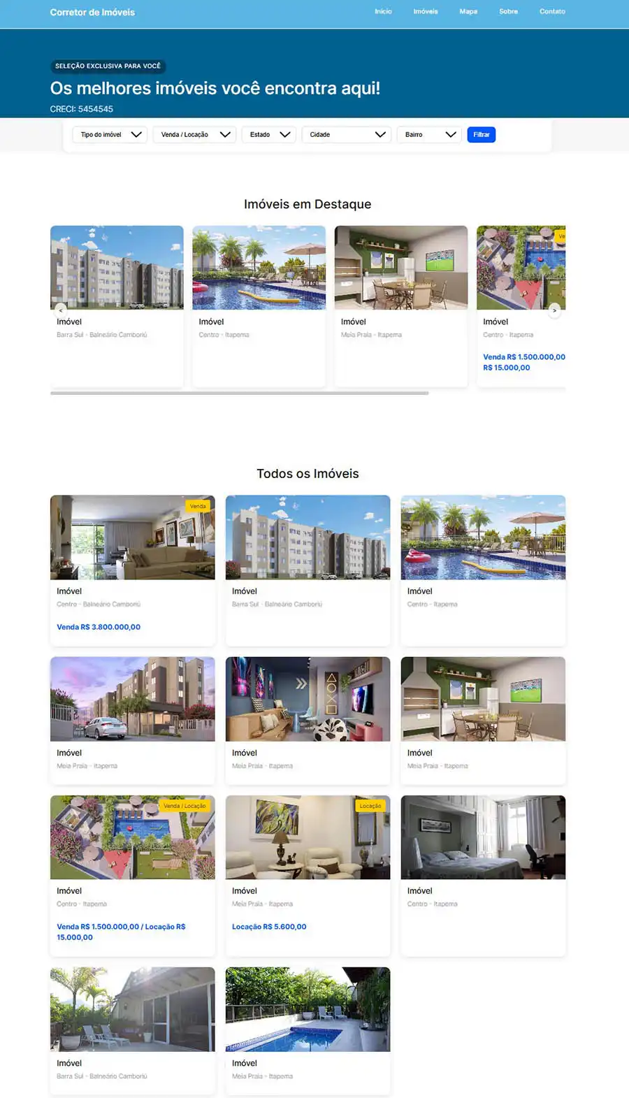 Tela do site profissional de imóveis